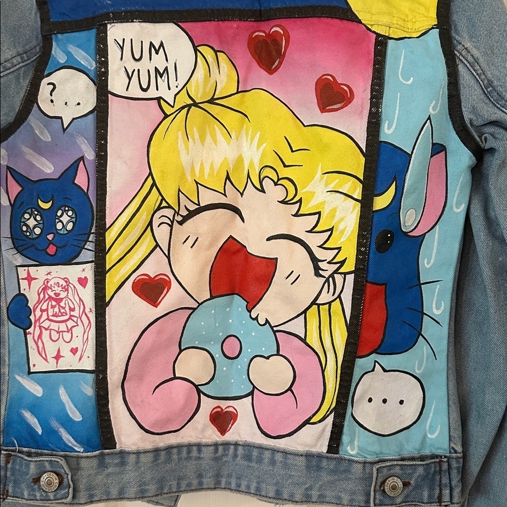 Women’s Denim Co. Light Blue Hand Painted Anime Sailor Moon Denim Jacket Size 2 - Picture 4 of 8